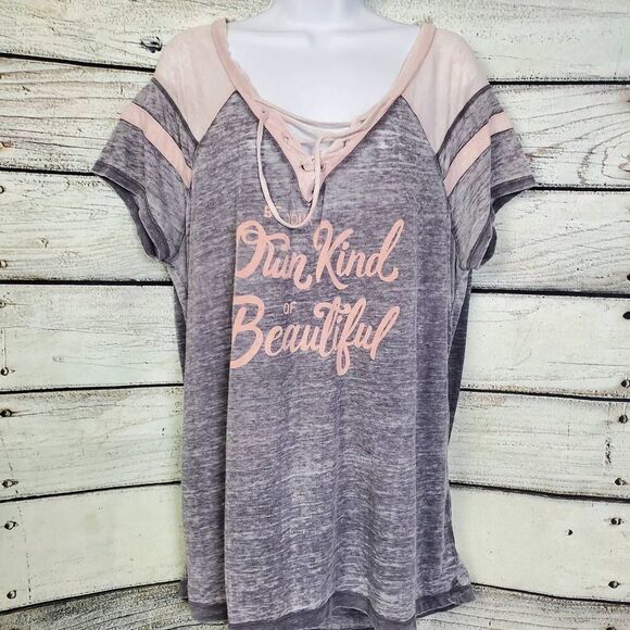 Torrid Size 0 Gray Graphic Tee “Own Kind of Beautiful” Lace-Up Neck Varsity - Picture 1 of 7